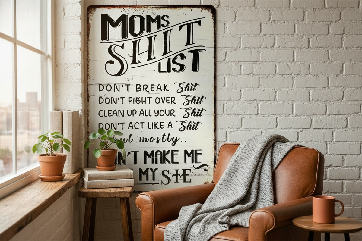A "Moms Shit List" vintage metal sign displayed in a kitchen or home office with terracotta, burnt sienna, and white accents.